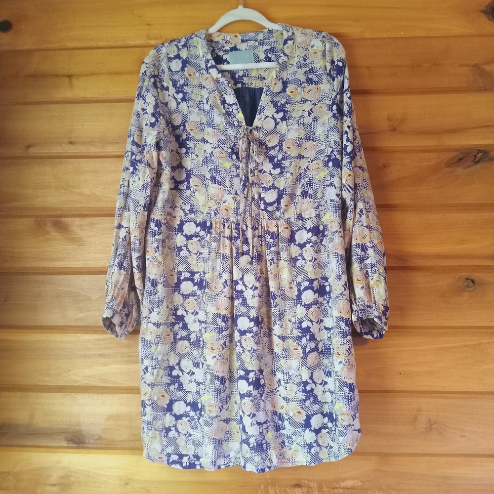 Skies are Blue Womens Floral Plaid Boho Tunic Dress Chiffon L/S V-Neck Sz MEDIUM